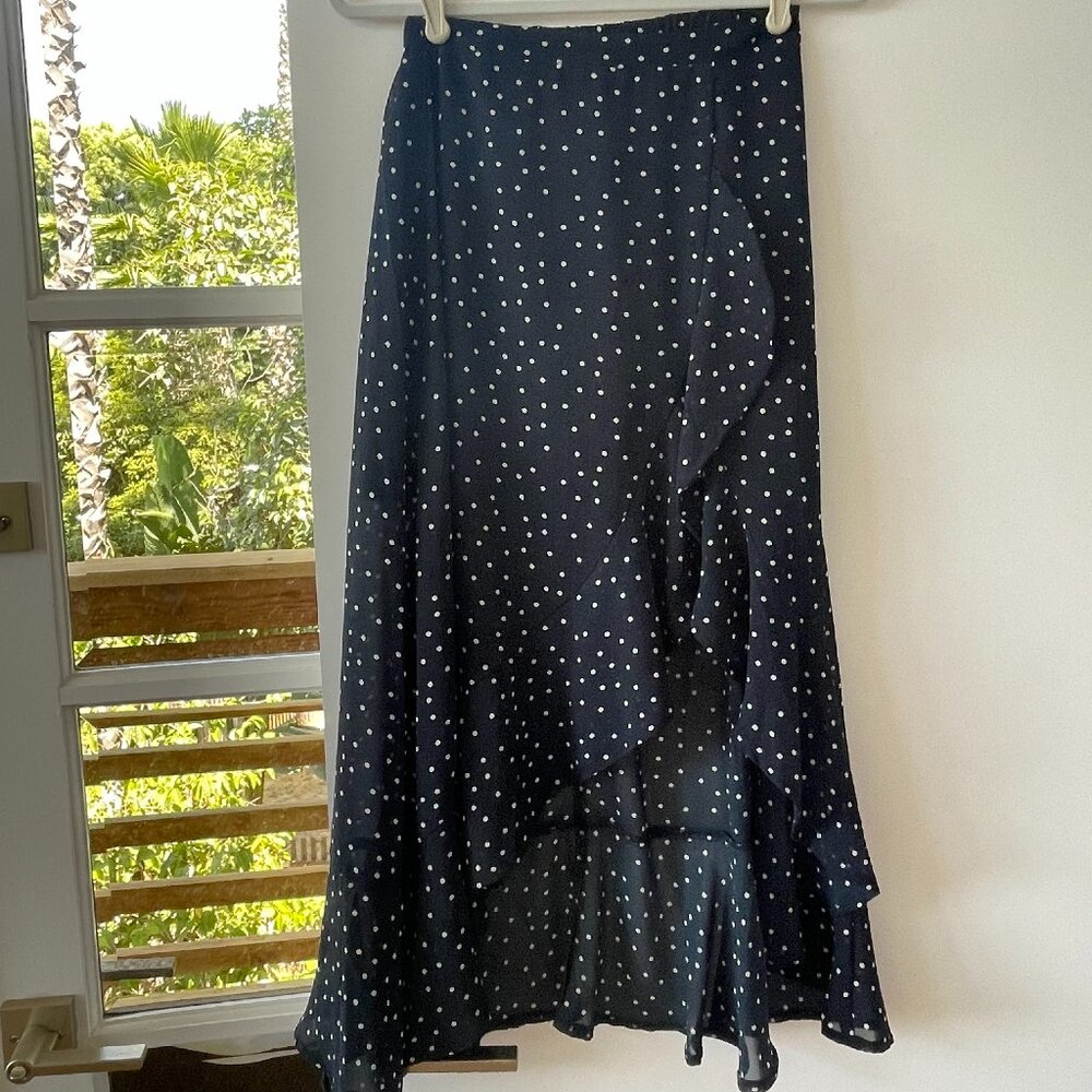 Dress Forum Los Angeles Polka Dot High-Low Ruffle Skirt in Navy & White, Small